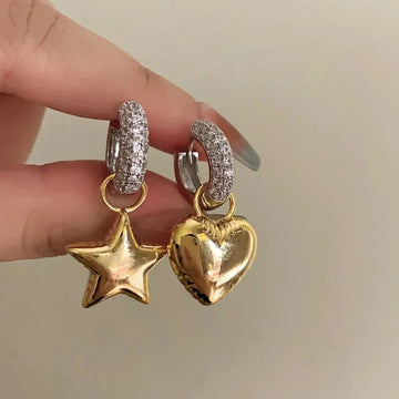 DAIIIBABYYY  -  New Vintage Asymmetric Zircon Heart Star Hoop Earrings for Women Luxury Micro Inlaid Crystal Gold Silver Color Earrings Jewelry